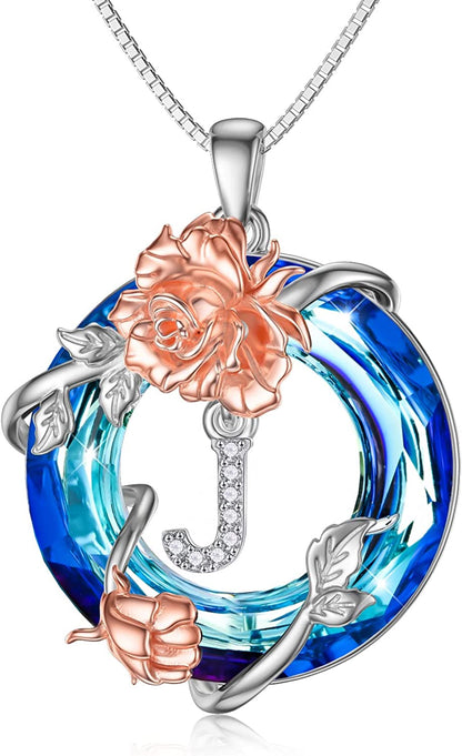 TOUPOP Christmas Gifts for Women 925 Sterling Silver Rose Necklaces A-Z Initial Letter Rose Flower Pendant Necklace with Circle Crystal Jewelry Birthday Valentine'S Day Gifts for Women Her Mom Wife Girlfriend Girls Apparel & Accessories > Jewelry > Necklaces TOUPOP J  