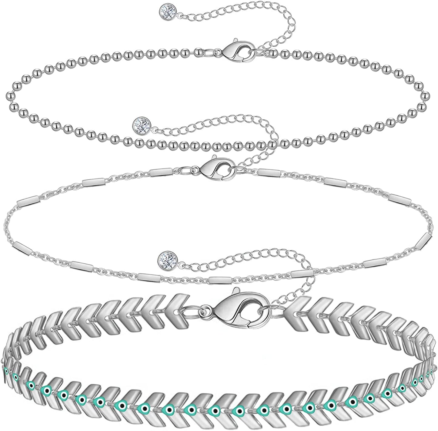 Gold Ankle Bracelets for Women 14K Gold Plated Anklet Silver Evil Eye Butterfly Star Rose Quartz Bead Box Paperclip Chain Dainty Layered Anklet Set 3Pcs Jewelry Gifts for Teen Girls Apparel & Accessories > Jewelry > Anklets Budding Gallery J-White Gold-Evil Eye  