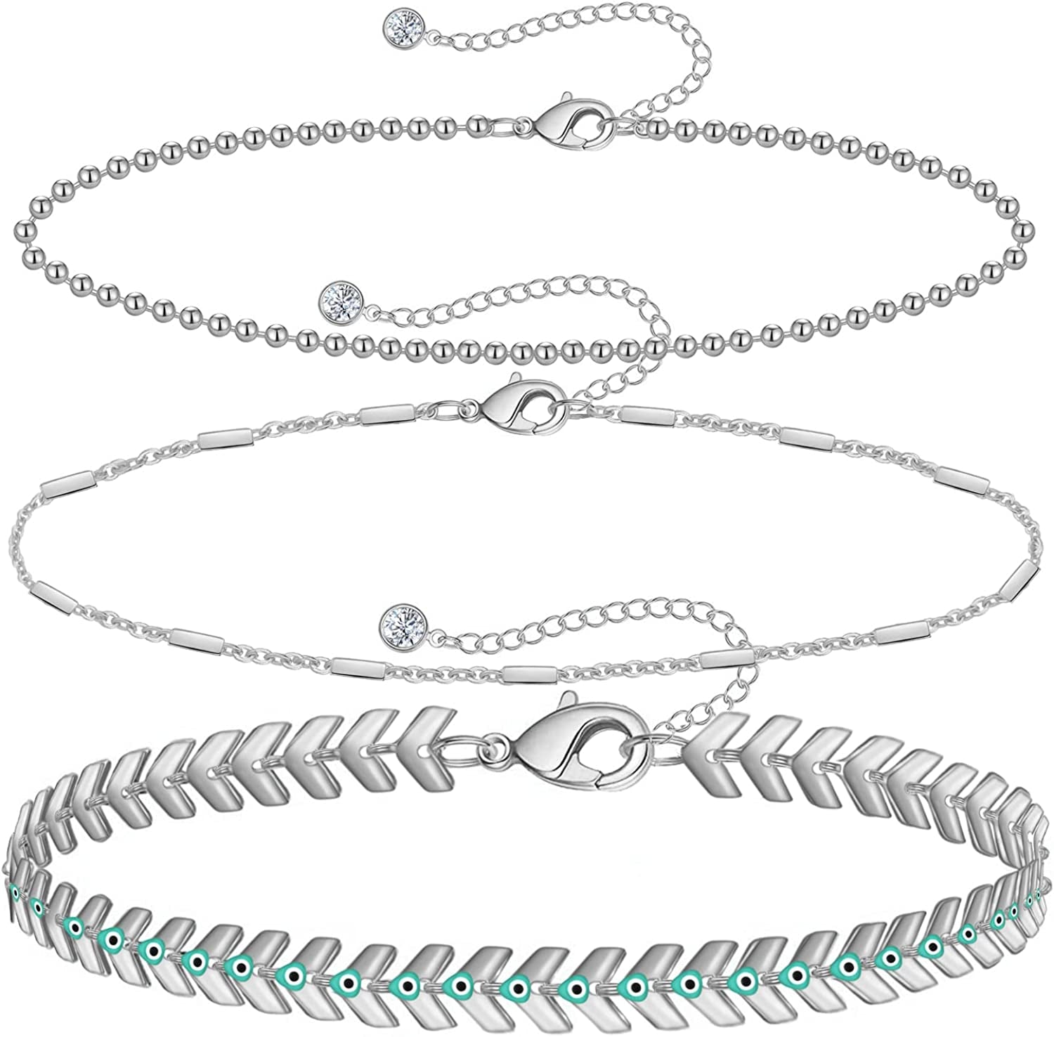 Gold Ankle Bracelets for Women 14K Gold Plated Anklet Silver Evil Eye Butterfly Star Rose Quartz Bead Box Paperclip Chain Dainty Layered Anklet Set 3Pcs Jewelry Gifts for Teen Girls Apparel & Accessories > Jewelry > Anklets Budding Gallery J-White Gold-Evil Eye  