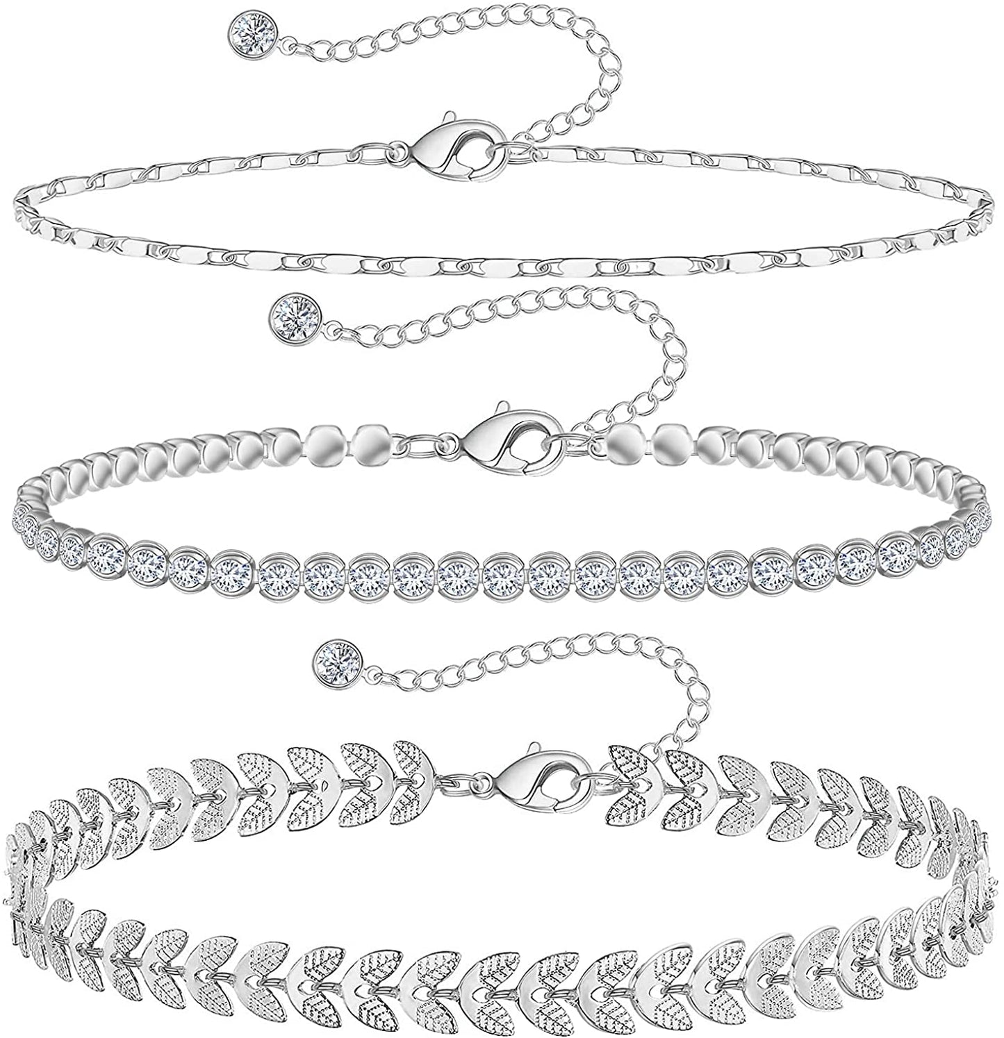 Gold Ankle Bracelets for Women 14K Gold Plated Anklet Silver Tennis Rose Quartz Cross Bead Herringbone Snake Paperclip Chain Cubic Zirconia Dainty Layered Anklet Set 3Pcs Apparel & Accessories > Jewelry > Anklets WeSparking B-White Gold-Tennis  
