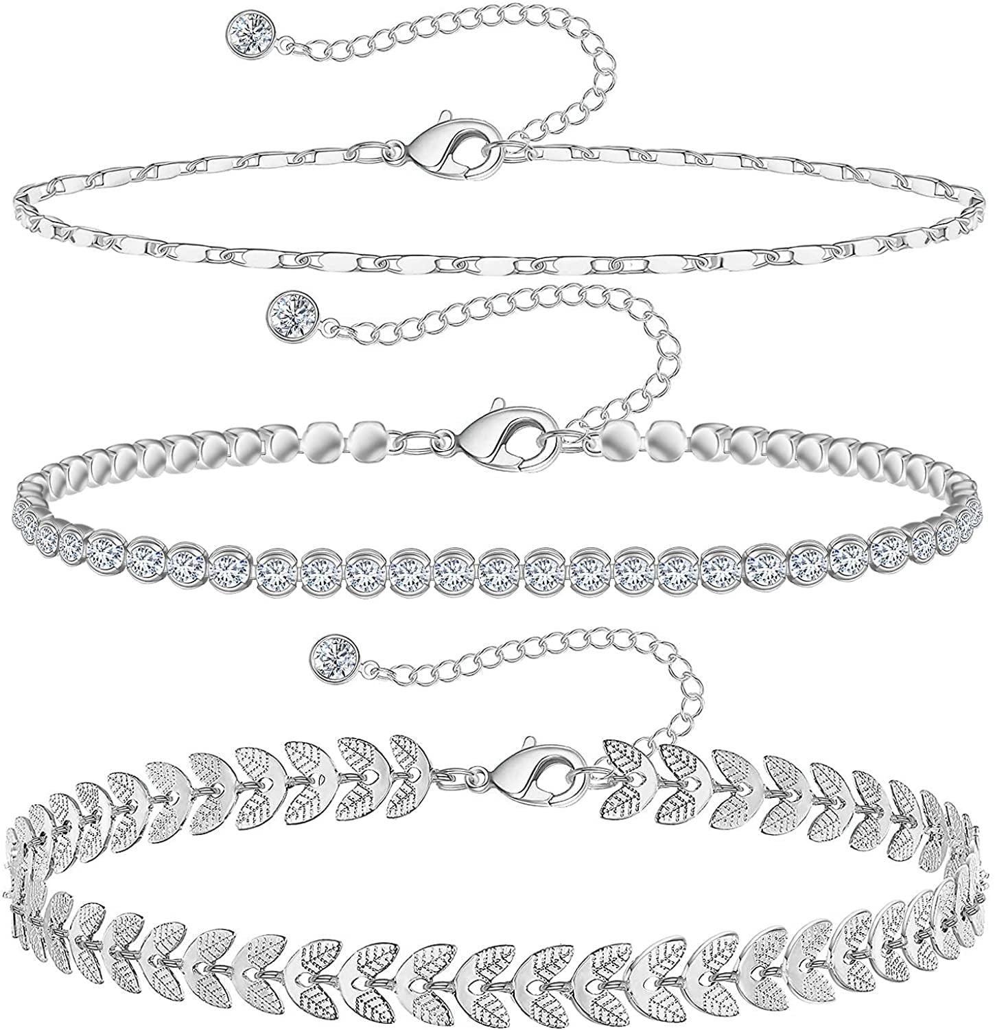 Gold Ankle Bracelets for Women 14K Gold Plated Anklet Silver Tennis Rose Quartz Cross Bead Herringbone Snake Paperclip Chain Cubic Zirconia Dainty Layered Anklet Set 3Pcs Apparel & Accessories > Jewelry > Anklets WeSparking B-White Gold-Tennis  