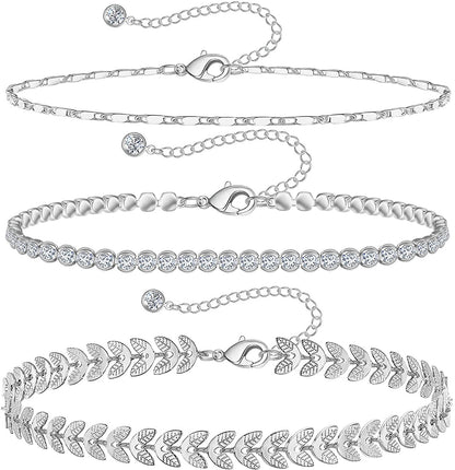 Gold Ankle Bracelets for Women 14K Gold Plated Anklet Silver Tennis Rose Quartz Cross Bead Herringbone Snake Paperclip Chain Cubic Zirconia Dainty Layered Anklet Set 3Pcs Apparel & Accessories > Jewelry > Anklets WeSparking B-White Gold-Tennis  