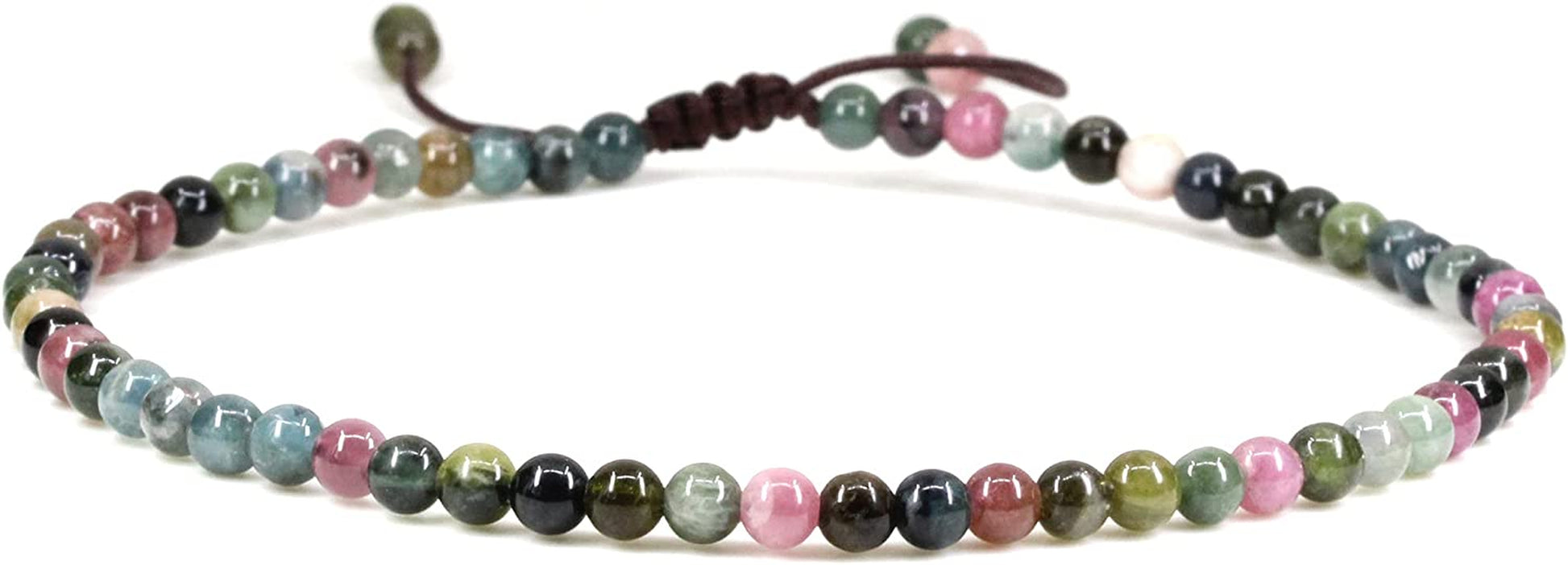 Keleny Natural Gemstone 4Mm round Bead Charm Stretch Anklet for Women Brown Rope Adjustable 8.6-11 Inch Apparel & Accessories > Jewelry > Anklets Kelenystones Multicolor Tourmaline  