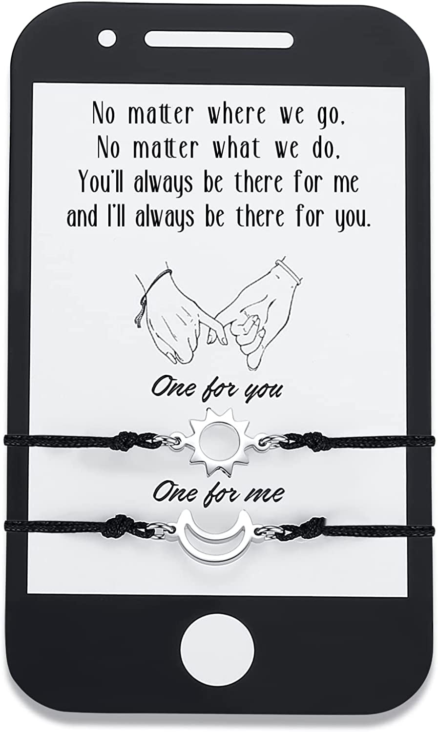 SAM & LORI Unique Matching Bracelets for Best Friends Couples Mother Daughter Son Dad Sisters Brothers-Unisex Adjustable Bracelets- Comes with Cards in Giftable Packing Apparel & Accessories > Jewelry > Bracelets SAM & LORI 2-Sun Moon-Black-Phone Shape Card  