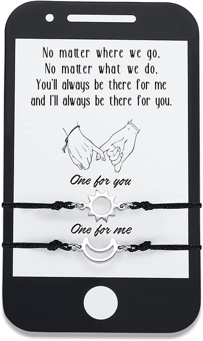 SAM & LORI Unique Matching Bracelets for Best Friends Couples Mother Daughter Son Dad Sisters Brothers-Unisex Adjustable Bracelets- Comes with Cards in Giftable Packing Apparel & Accessories > Jewelry > Bracelets SAM & LORI 2-Sun Moon-Black-Phone Shape Card  