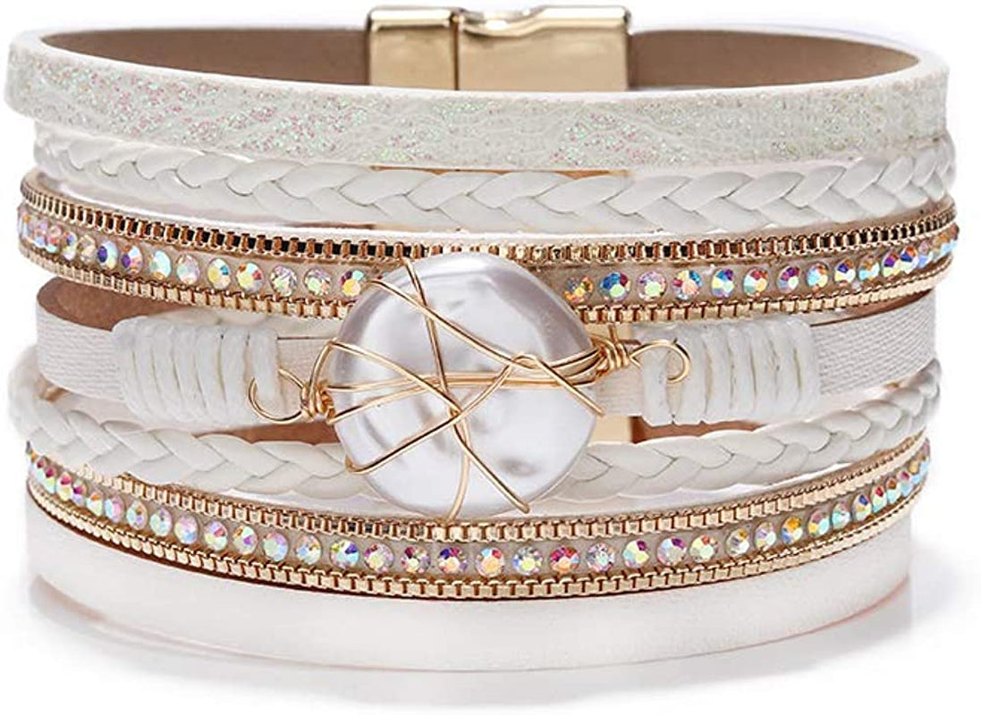 Fesciory Leopard Bracelet for Women Wrap Multi-Layer Leather Bracelet Magnetic Clasp Cuff Bangle Jewelry Apparel & Accessories > Jewelry > Bracelets Fesciory B13-Round Pearl(White)  