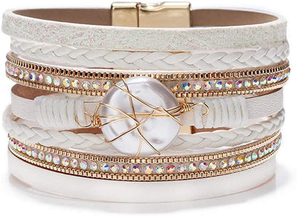 Fesciory Leopard Bracelet for Women Wrap Multi-Layer Leather Bracelet Magnetic Clasp Cuff Bangle Jewelry Apparel & Accessories > Jewelry > Bracelets Fesciory B13-Round Pearl(White)  