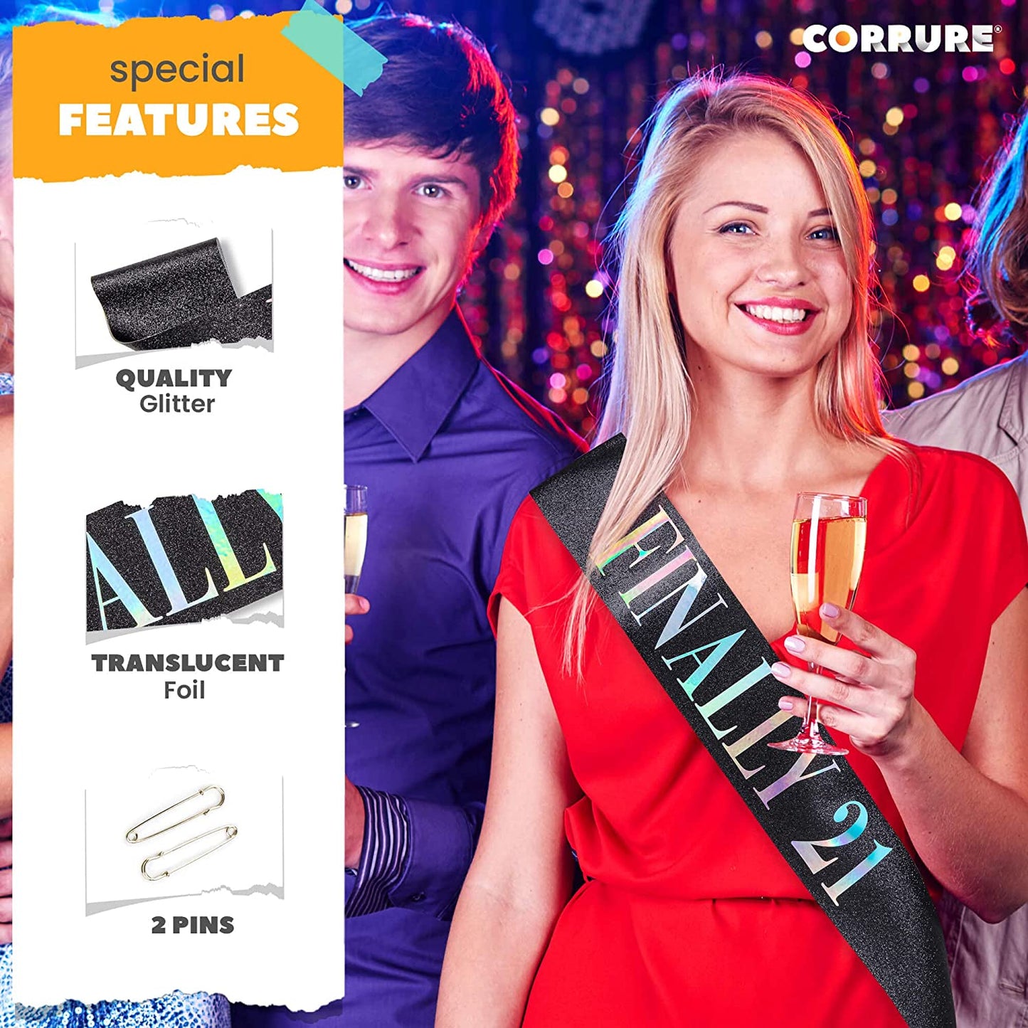 CORRURE 'Finally 21' Birthday Sash with Glitter -Black Sash with Multicolor Foil 21St Birthday Sash for Men and Women-Ideal Twenty One Sash Party Favors Supplies and Decorations for Your 21 Bday Party Apparel & Accessories > Clothing Accessories > Sashes CORRURE   