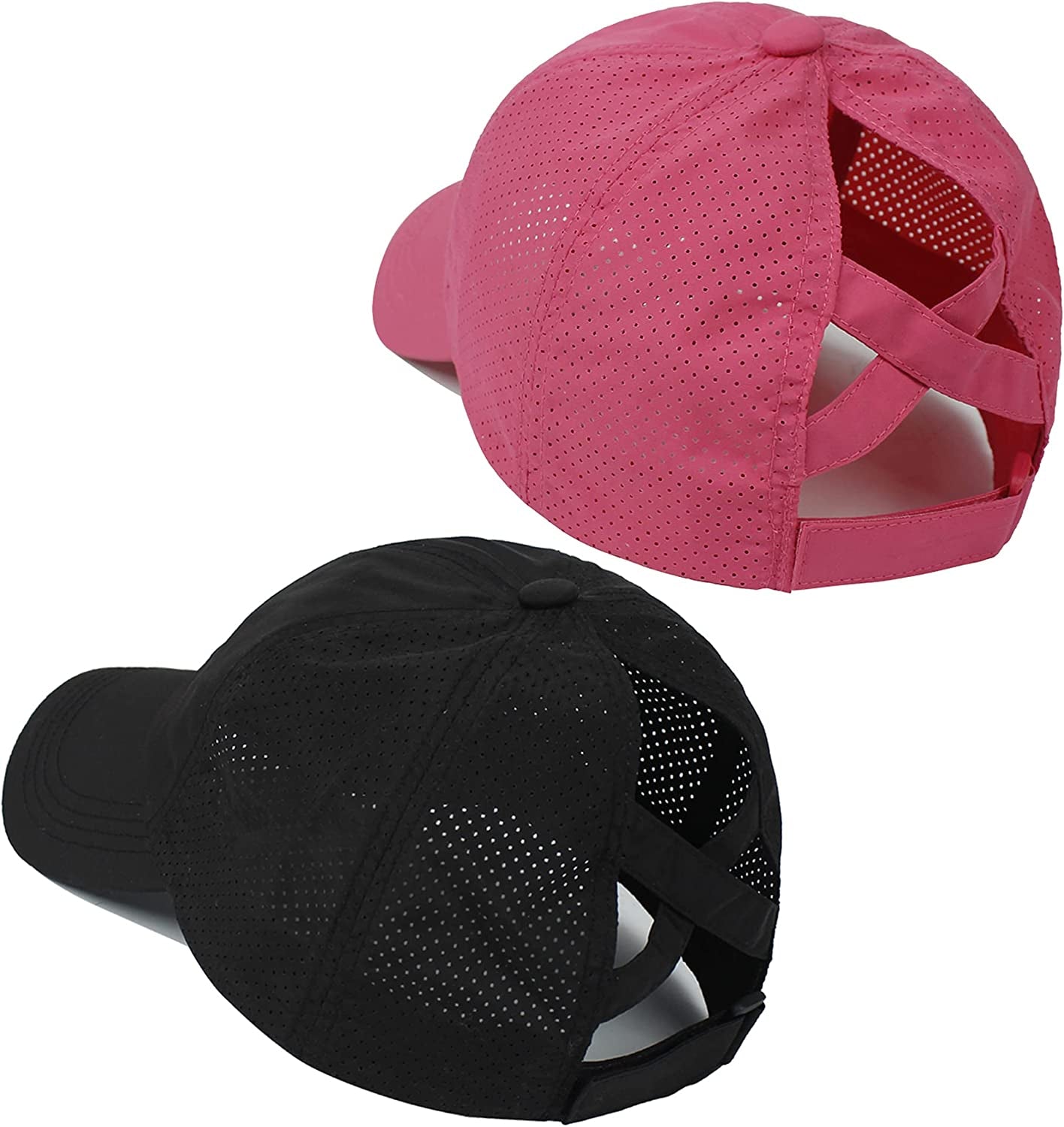 HGGE 2 Pack Womens Criss Cross Ponytail Baseball Caps Adjustable High Messy Bun Ponycap Quick Drying Hat Apparel & Accessories > Clothing Accessories > Hats HGGE Black & Rose Red  