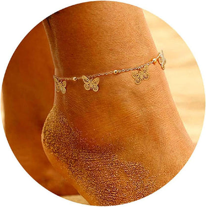 Kyerlyn Dainty Simple Chain Anklet for Women 18K Gold/Silver Plated Summer Beach Beaded Evil Eye Moon Figaro Butterfly Satellite Cuban Pearl Flat Marina Anklet Gift Apparel & Accessories > Jewelry > Anklets Kyerlyn Butterfly Beaded-Gold  