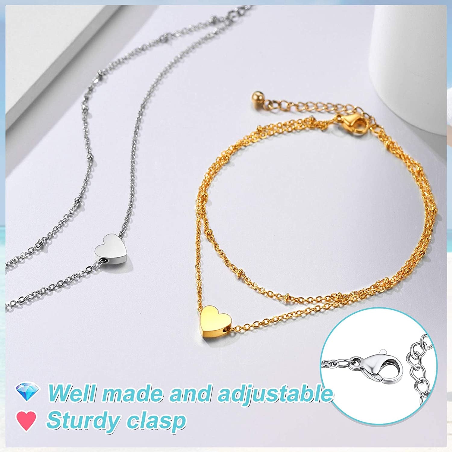 Chainspro Womens S925 Sterling Silver Adjustable Anklet, Heart/Moon/Handcuff Ankle Bracelet,Summer Foot Jewelry, Stainless Steel/Gold Plated(Send Gift Box) Apparel & Accessories > Jewelry > Anklets ChainsPro   
