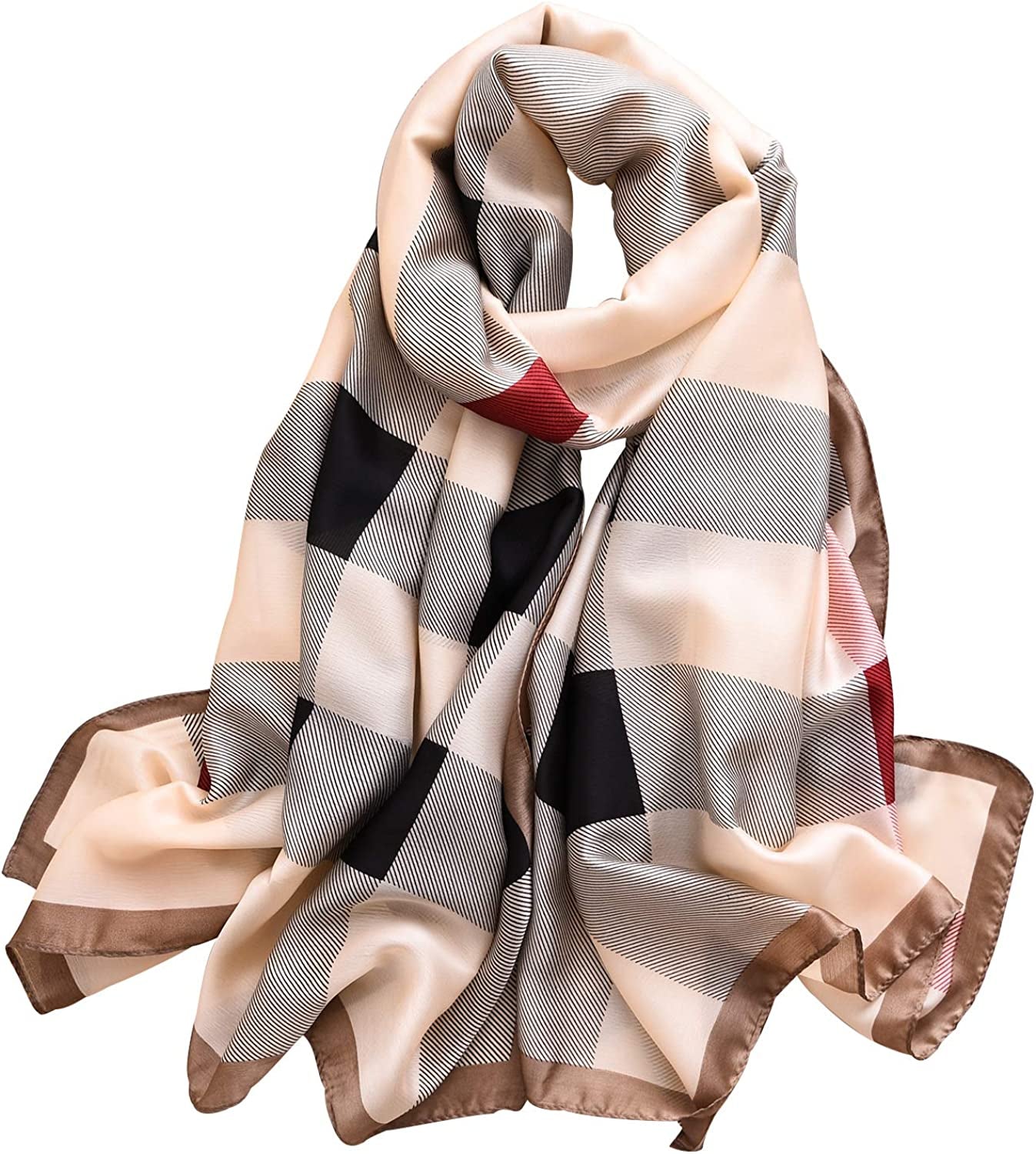 NUWEERIR Womens 100% Large Mulberry Silk Scarf Long Satin Scarf Fashion Designer Scarf Lightweight Wraps Apparel & Accessories > Clothing Accessories > Scarves & Shawls NUWEERIR Plaid Beige  