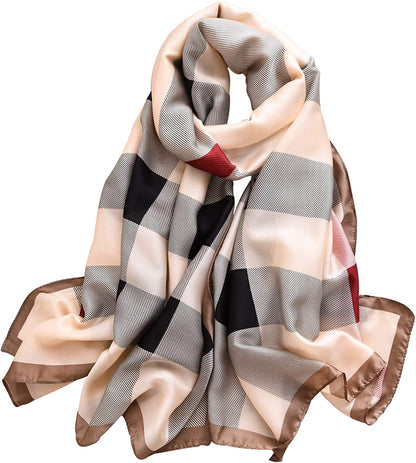 NUWEERIR Womens 100% Large Mulberry Silk Scarf Long Satin Scarf Fashion Designer Scarf Lightweight Wraps Apparel & Accessories > Clothing Accessories > Scarves & Shawls NUWEERIR Plaid Beige  