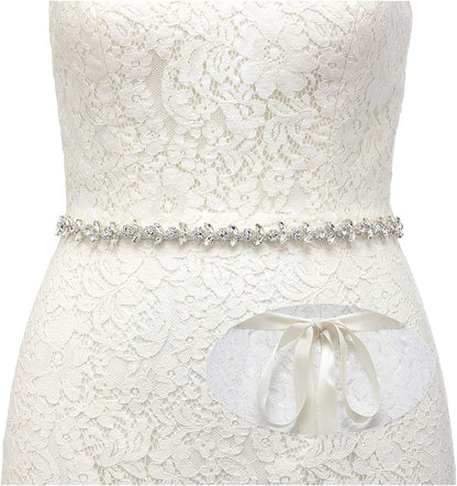 SWEETV Rhinestone Bridal Belt Bridesmaid Sash Crystal Headband Wedding Belt Women Dress Accessories Apparel & Accessories > Clothing Accessories > Belts SWEETV Silver + Ivory Ribbon  