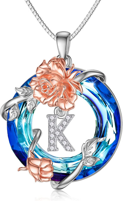 TOUPOP Christmas Gifts for Women 925 Sterling Silver Rose Necklaces A-Z Initial Letter Rose Flower Pendant Necklace with Circle Crystal Jewelry Birthday Valentine'S Day Gifts for Women Her Mom Wife Girlfriend Girls Apparel & Accessories > Jewelry > Necklaces TOUPOP K  