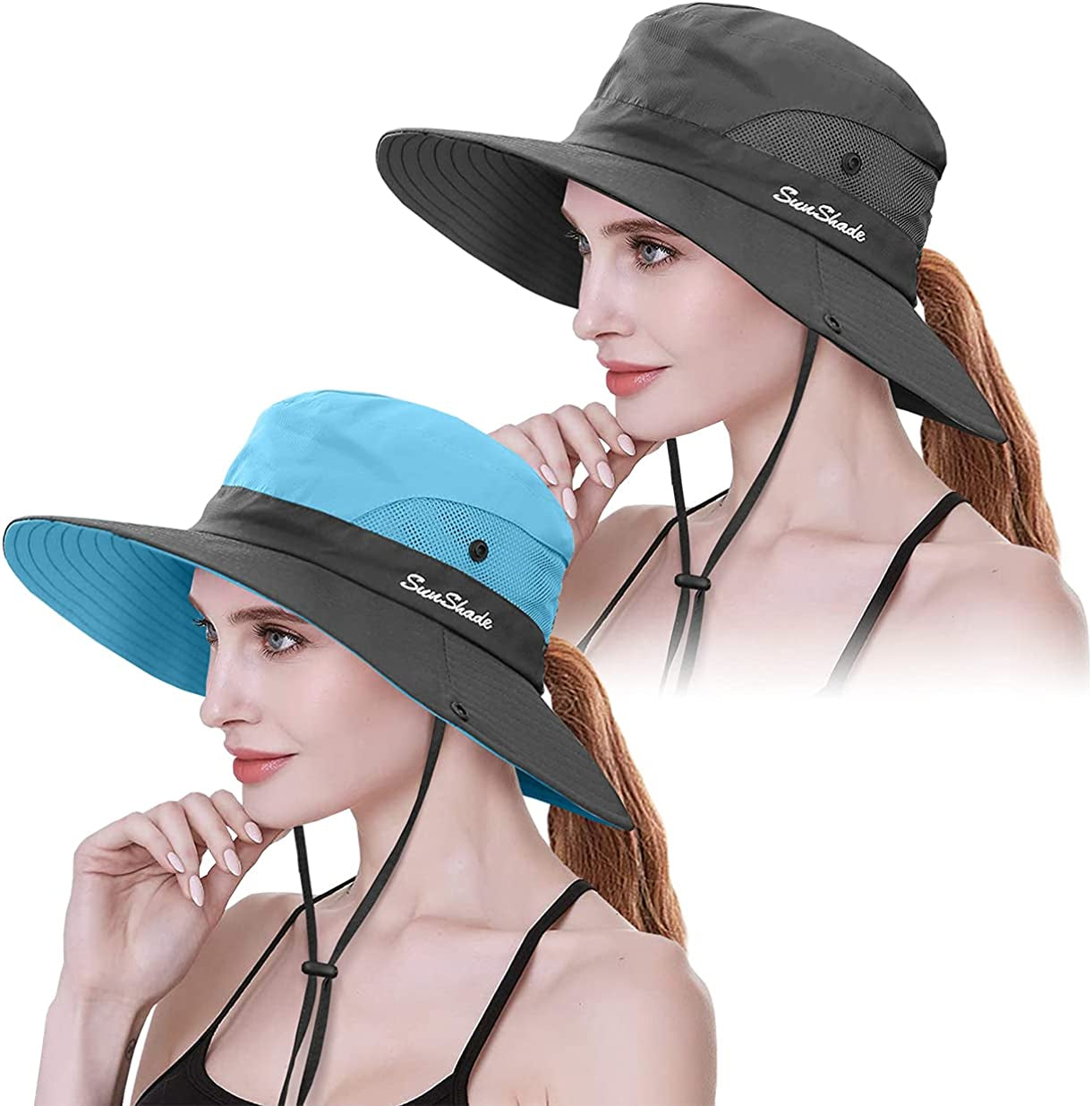 IYEBRAO 2 Pack Womens Ponytail Sun Hat UV Protection Bucket Hats Foldable Wide Brim Summer Boonie Beach Cap Fishing Hiking Apparel & Accessories > Clothing Accessories > Hats 29 IYEBRAO Sky Blue & Grey  