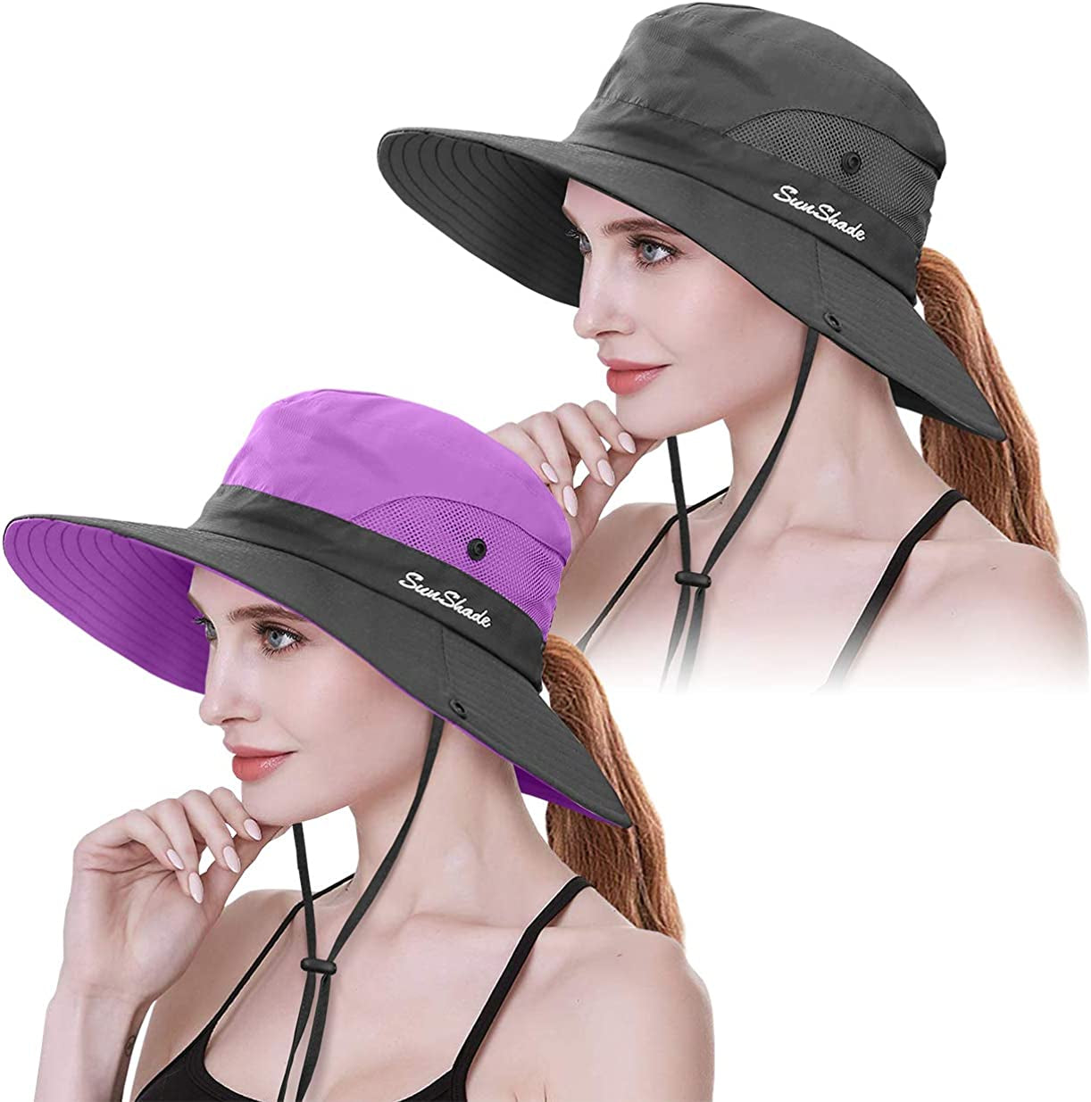 IYEBRAO 2 Pack Womens Ponytail Sun Hat UV Protection Bucket Hats Foldable Wide Brim Summer Boonie Beach Cap Fishing Hiking Apparel & Accessories > Clothing Accessories > Hats 29 IYEBRAO Purple & Grey  