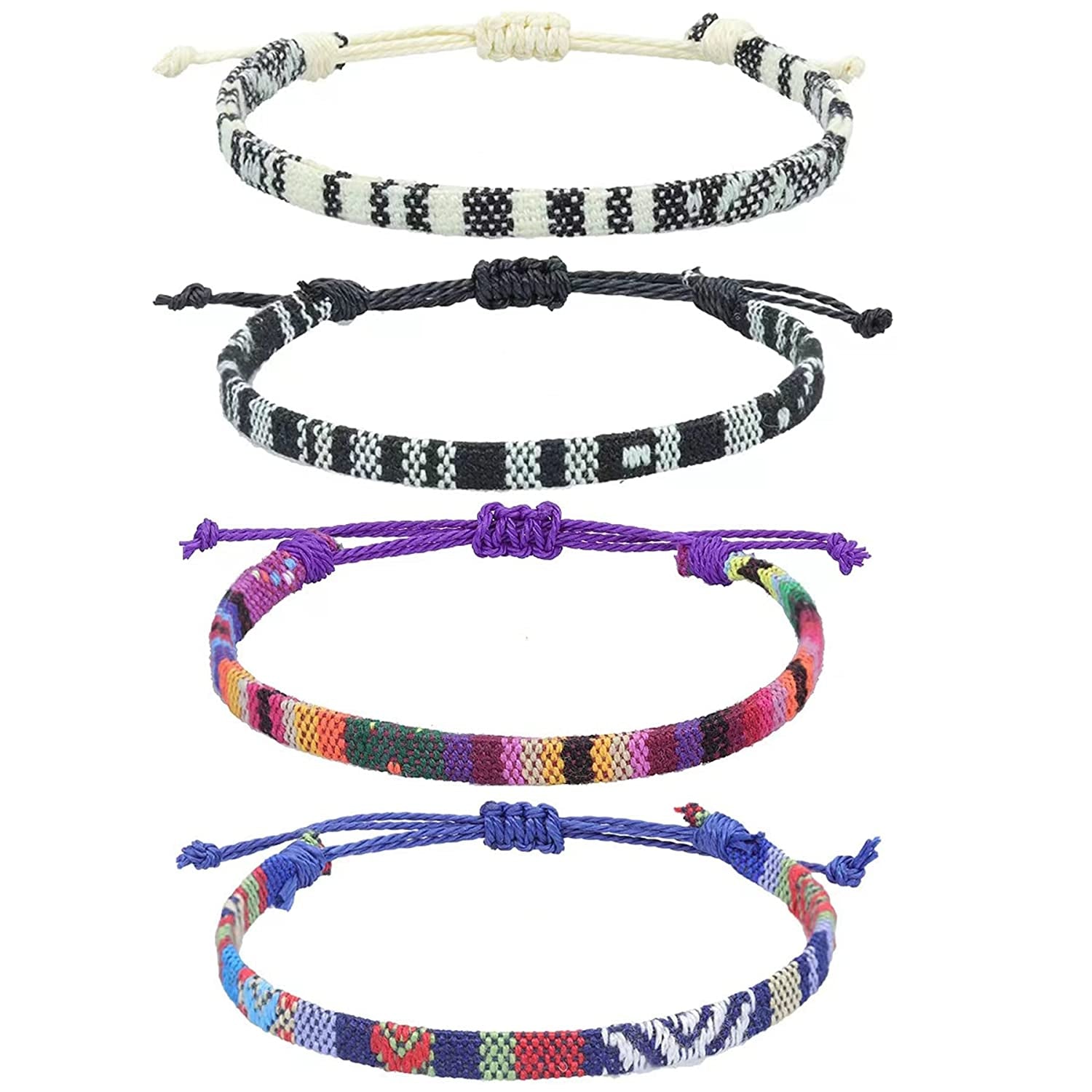 Bracelets for Men-2 Surfer Beach Bracelet Set-Holiday Gift-Hand Made Boho Bracelets -Outdoor Sports Men'S and Women'S Anklet -Ethnic Hippie Style Accessories Apparel & Accessories > Jewelry > Bracelets MEINESQIS black+white+ethnic purple blue  
