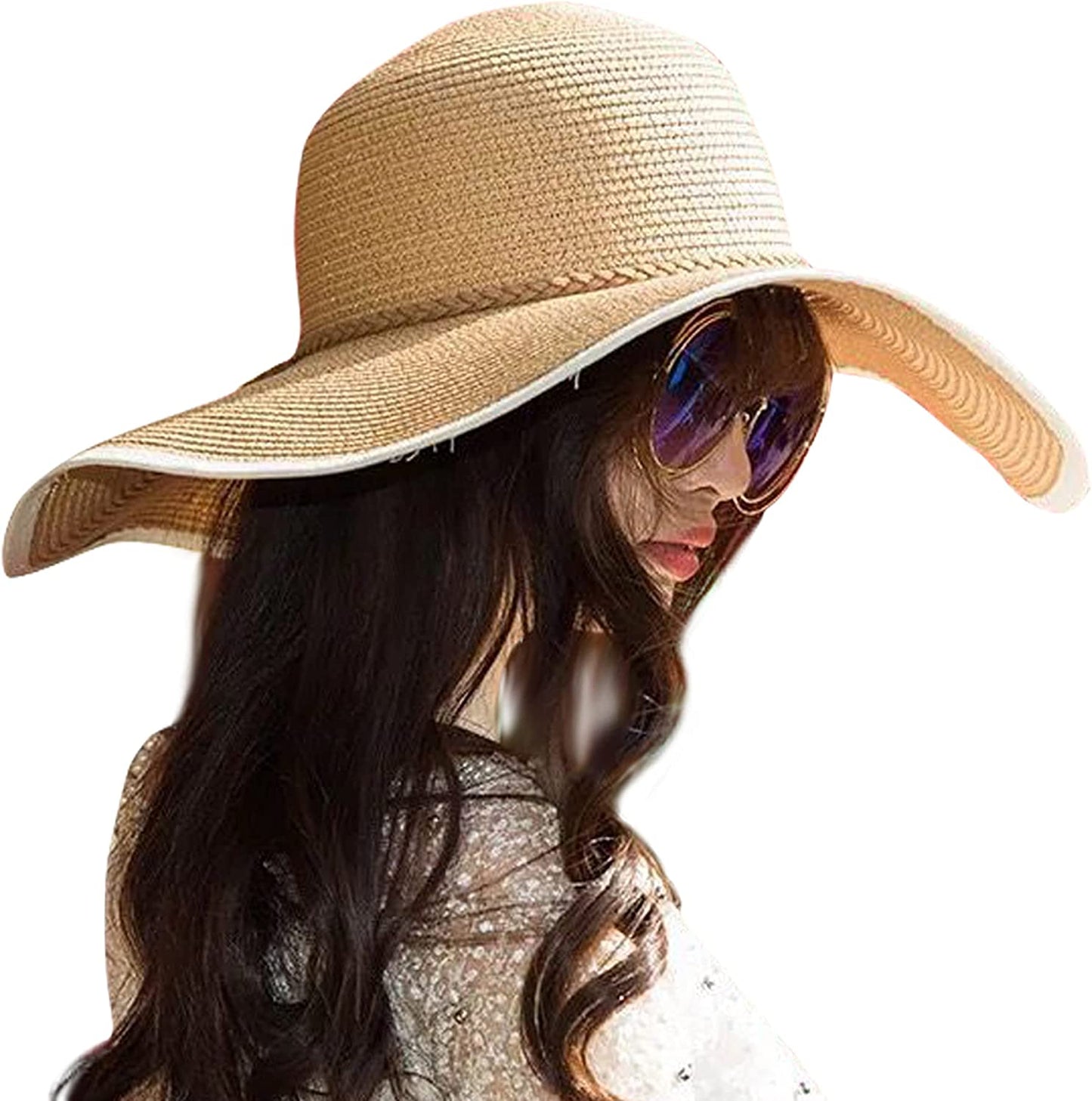 Lanzom Womens Wide Brim Straw Hat Big Floppy Foldable Roll up Cap Beach Sun Hat UPF 50+ Apparel & Accessories > Clothing Accessories > Hats Lanzom Twine-khaki One Size 