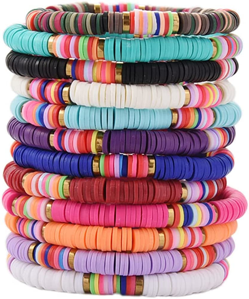 HYHONEY 12Pcs/Set Heishi Bracelet Surfer Bracelets for Women Stackable Clay Beaded Stretch Bracelets Elastic Layering Bracelets Boho Summer Beach Bracelets Jewelry Apparel & Accessories > Jewelry > Bracelets HYHONEY A  