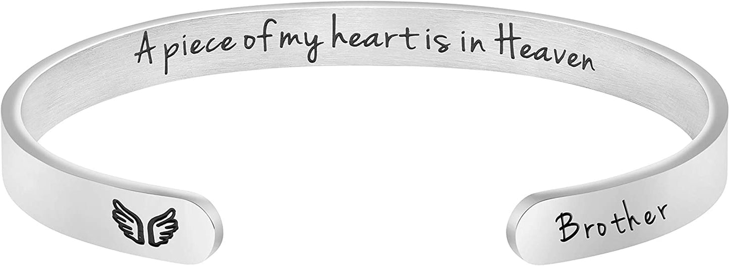 Joycuff Memorial Gifts for Women Inspirational Cuff Bracelet Sympathy Jewelry Loss of Loved One Sympathy Gifts Remember Her Apparel & Accessories > Jewelry > Bracelets JoycuFF A piece of my heart is in heaven--Brother  