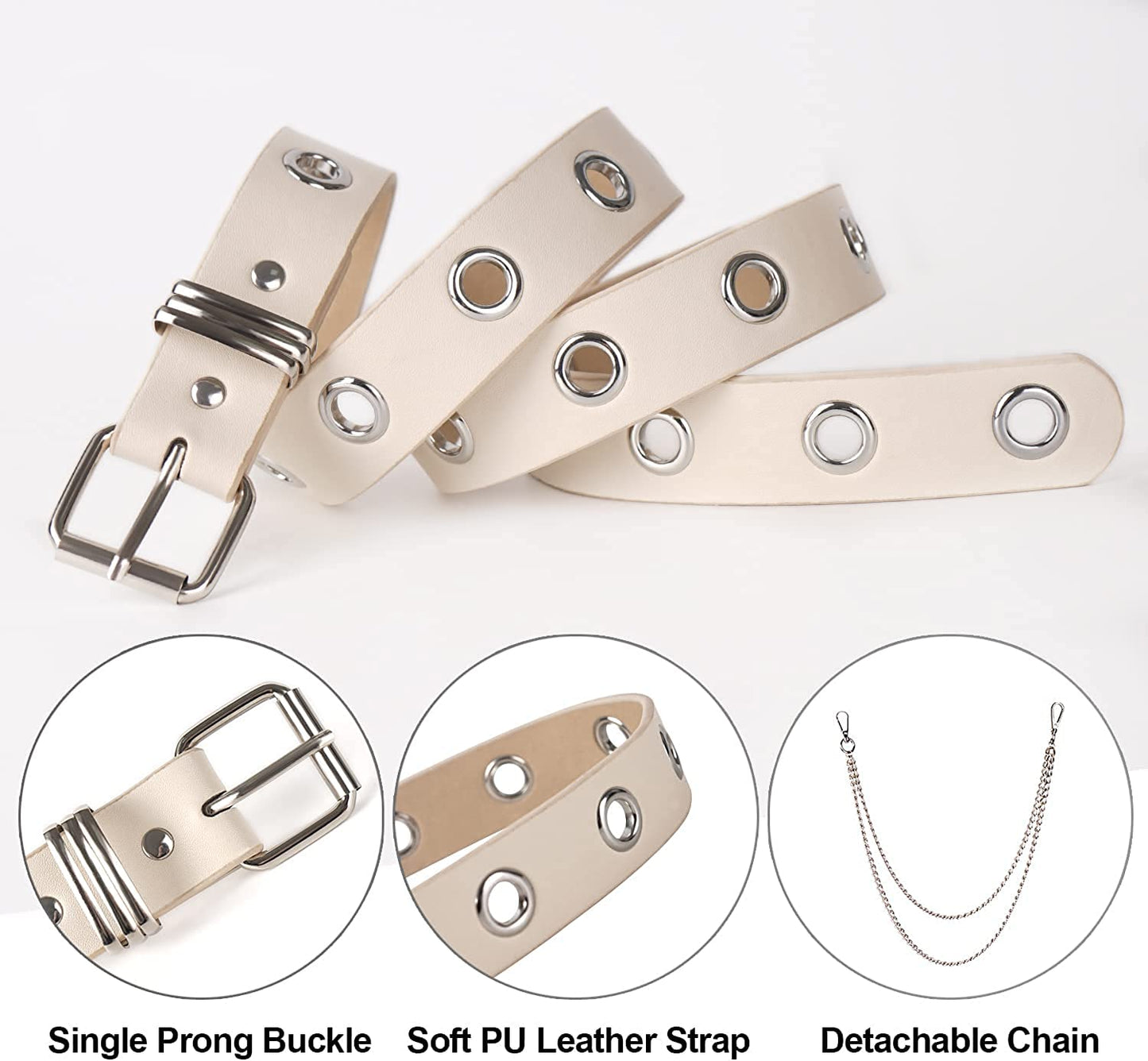 FIORETTO Grommet Leather Belt with Detachable Chain Women Men Punk Rock Waist Belts for Jeans Pants Apparel & Accessories > Clothing Accessories > Belts FIORETTO   