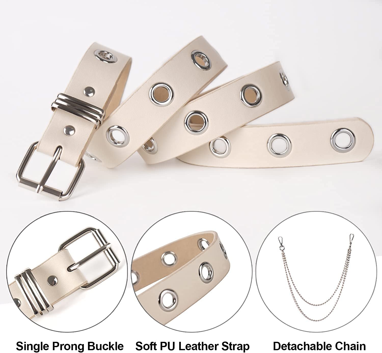 FIORETTO Grommet Leather Belt with Detachable Chain Women Men Punk Rock Waist Belts for Jeans Pants Apparel & Accessories > Clothing Accessories > Belts FIORETTO   