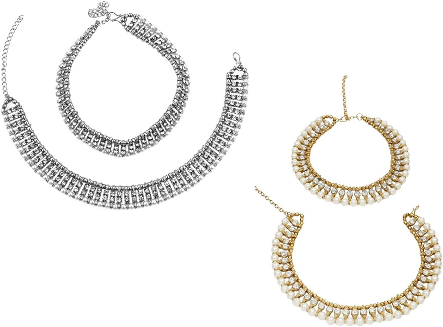 Efulgenz Indian Bollywood Faux Kundan Pearl Wedding Bridal Anklet Pair with Bells (2 Piece) Bracelet Payal Foot Jewelry Apparel & Accessories > Jewelry > Anklets Jaipur Art Jewellery Multipack of 2 (Silver, Pearl White)  