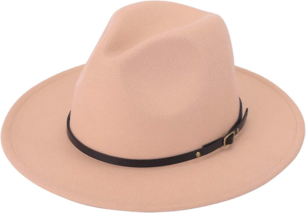 Lanzom Women Lady Retro Wide Brim Floppy Panama Hat Belt Buckle Wool Fedora Hat Apparel & Accessories > Clothing Accessories > Hats Lanzom Camel One Size 