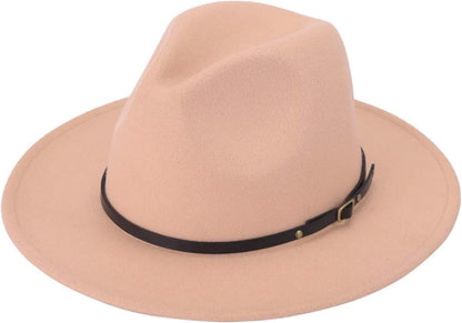 Lanzom Women Lady Retro Wide Brim Floppy Panama Hat Belt Buckle Wool Fedora Hat Apparel & Accessories > Clothing Accessories > Hats Lanzom Camel One Size 