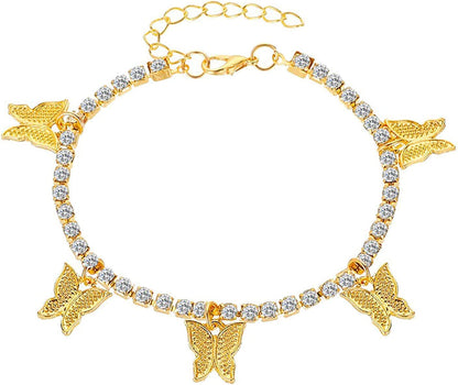 Dainty Zircon Tennis Anklet Bracelets Cute Butterfly Charm Anklets Adjustable Stackable Boho Anklet for Teen Girls Mom Beach Jewelry Birthday (Gold, One Size) Apparel & Accessories > Jewelry > Anklets Generic Black,Silver One Size 