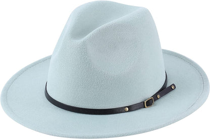 Lanzom Womens Classic Wide Brim Floppy Panama Hat Belt Buckle Wool Fedora Hat Apparel & Accessories > Clothing Accessories > Hats Lanzom Mint Green One Size 