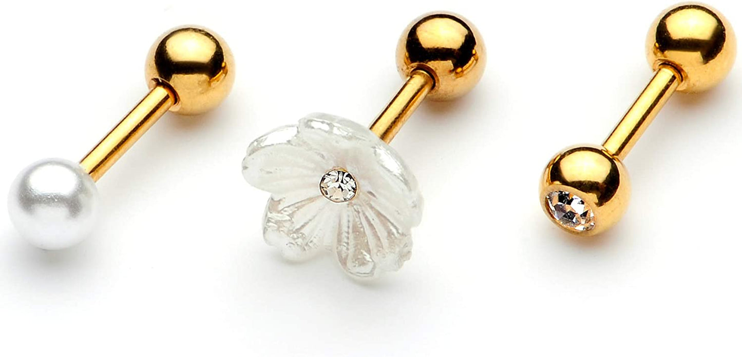 Body Candy 3Pc 16G Womens 316L Stainless Steel Flower Cartilage Earring Helix Tragus Jewelry Set 1/4" Apparel & Accessories > Jewelry > Body Jewelry Body Candy Gold Toned  