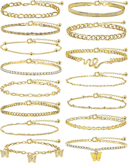 Gold Ankle Bracelets for Women, Girls Boho Anklet Bracelet Set, Silver Butterfly Foot Chains, Womens Adjustable Cute Anklets Apparel & Accessories > Jewelry > Anklets iF YOU Style 3_16 pcs anklet  