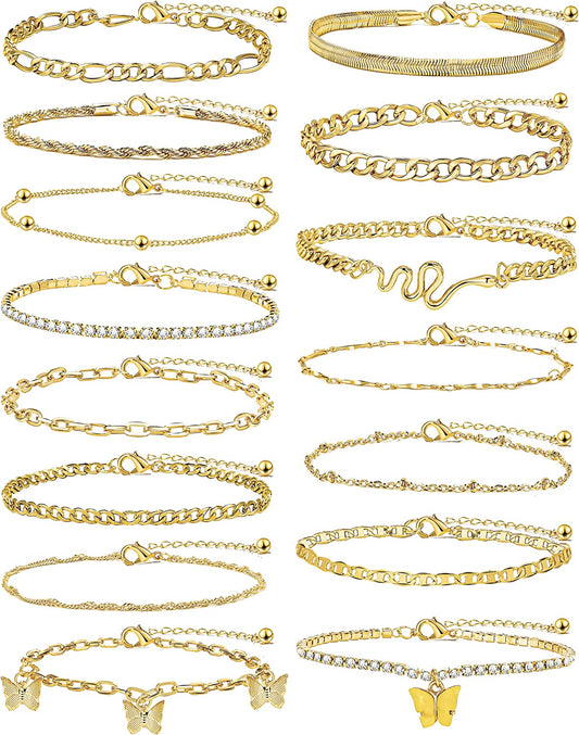Gold Ankle Bracelets for Women, Girls Boho Anklet Bracelet Set, Silver Butterfly Foot Chains, Womens Adjustable Cute Anklets Apparel & Accessories > Jewelry > Anklets iF YOU Style 3_16 pcs anklet  