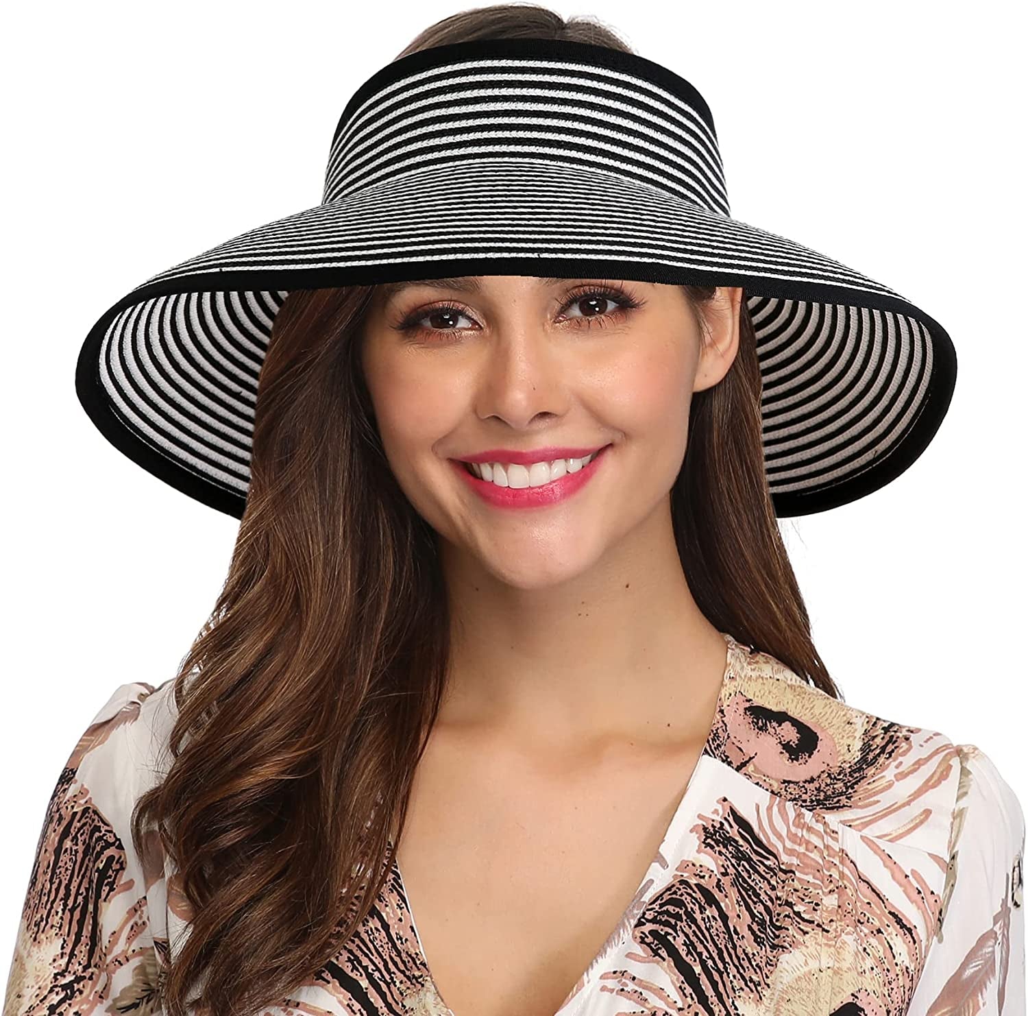 Lanzom Women Packable Hat Sun Visor Hats Wide Brim Straw Roll up Ponytail Summer Beach Hat UPF 50 Apparel & Accessories > Clothing Accessories > Hats Lanzom Black White Stripe One Size 