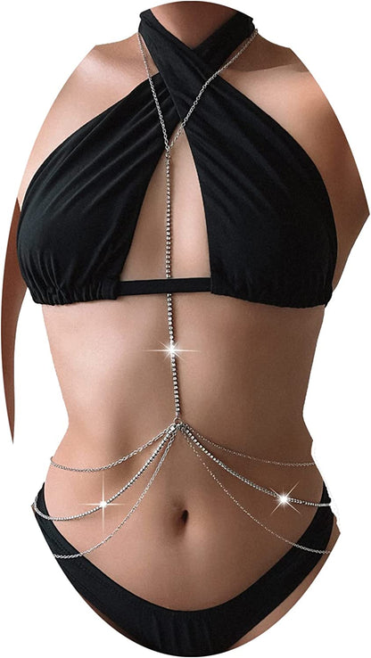 Rhinestone Body Chains Jewelry for Women and Girls Sexy Belly Waist Chain Bikini Beach Accessories Apparel & Accessories > Jewelry > Body Jewelry FNQUFUJ Silver color  