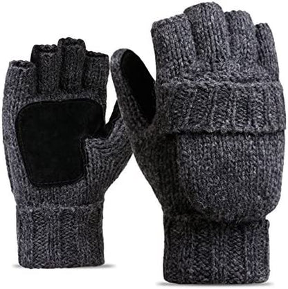 BOUYA Unisex Knitted Convertible Fingerless Gloves Thermal Insulation Wool Mittens Flap Cover Half-Finger Warm Mitten Glove Apparel & Accessories > Clothing Accessories > Gloves & Mittens ノーブランド品 Dark Gray  