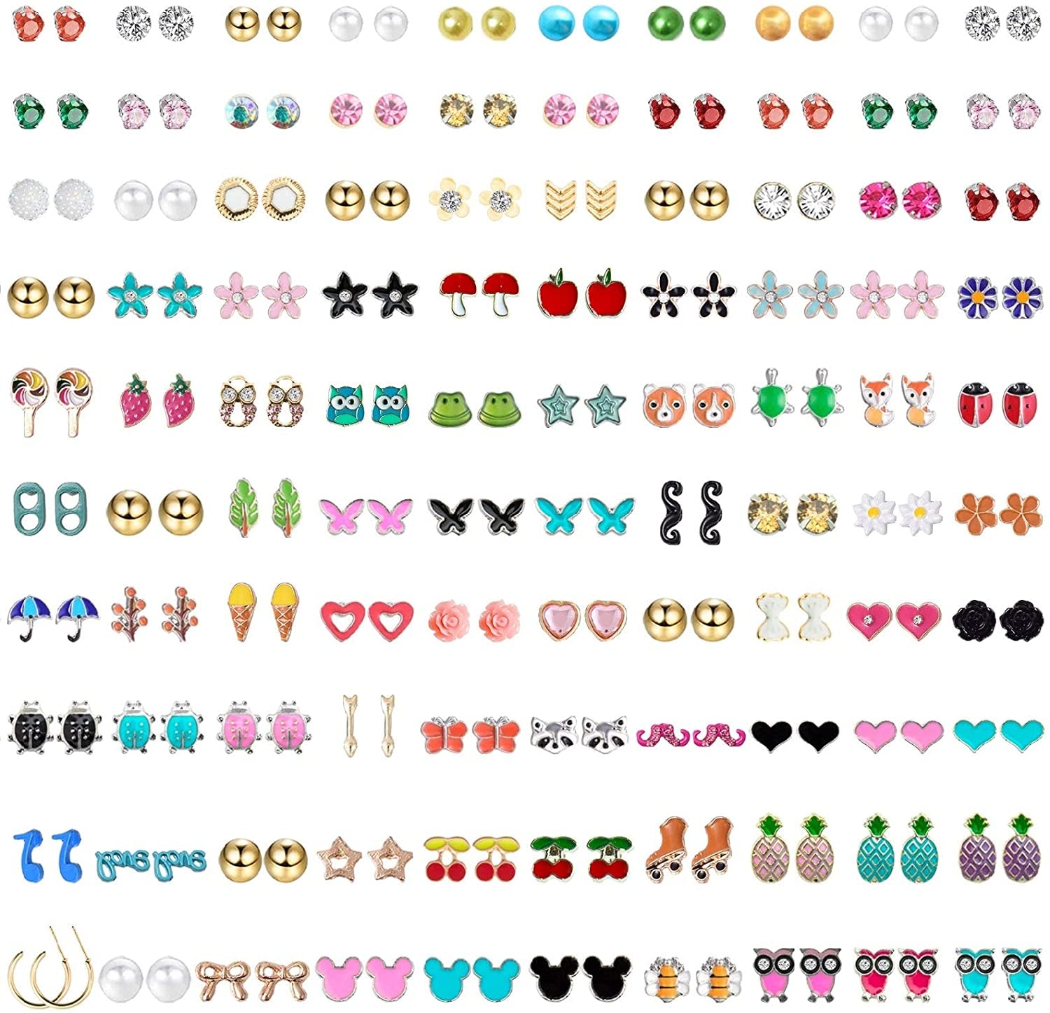 NEWITIN 100 Pairs Colorful Cute Stud Earrings for Girls Hypoallergenic Earrings Stainless Steel Earrings for Women Apparel & Accessories > Jewelry > Earrings NEWITIN Lovely Girl  