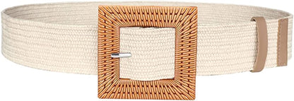 Women Skinny Dress Belt, Fashion Straw Woven Elastic Stretch Waist Band Wood Buckle Belt Apparel & Accessories > Clothing Accessories > Belts YUCFOREN Sand Waist below 45" 