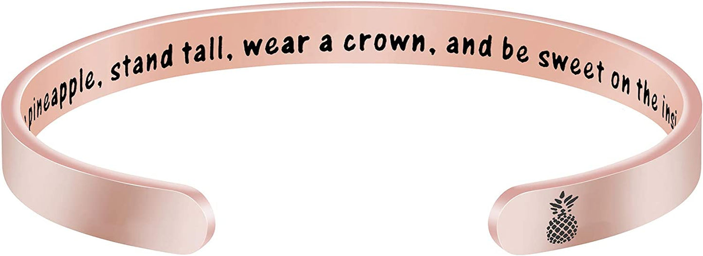 Joycuff Inspirational Bracelets for Women Motivational Gift for Her Sister Mom Daughter Friend Christmas Birthday Thanks Giving Gifts Jewelry for Women Apparel & Accessories > Jewelry > Bracelets LEIFAN JEWELRY Be a pineapple, stand tall, wear a crown, and be sweet - Rose Gold  