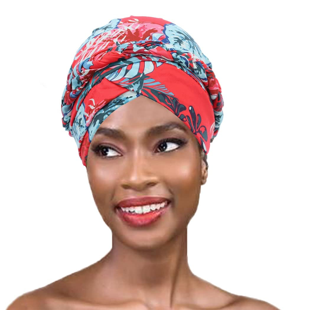 Woeoe African Turban Leopard Print Stretch Headwear Print Pattern Head Scarf Elastic Beanie Cap Head Wrap for Women and Girls(2 Pieces) Red Apparel & Accessories > Clothing Accessories > Headwear Woeoe   