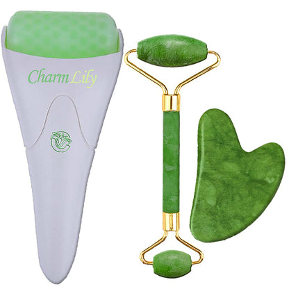 Jade & Ice Roller + Gua Sha Massager Tool Set for Face & Eyes by Charmlily, Puffiness, Reduce Wrinkle Aging, Migraine, Pain Relief on Neck & Body, Cold Facial Original Natural Stone - 3 in 1 Health & Beauty > Personal Care > Cosmetics > Cosmetic Tools > Skin Care Tools CHARMLILY Jade  