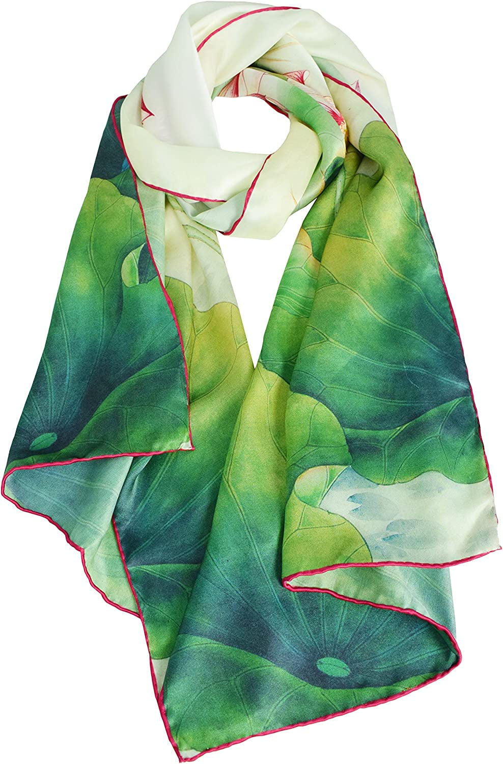 ELEGNA Women'S 100% Silk Flower Painting Long Scarf Shawl Hand Rolled Edge Apparel & Accessories > Clothing Accessories > Scarves & Shawls Elegna 01 Green Lotus  