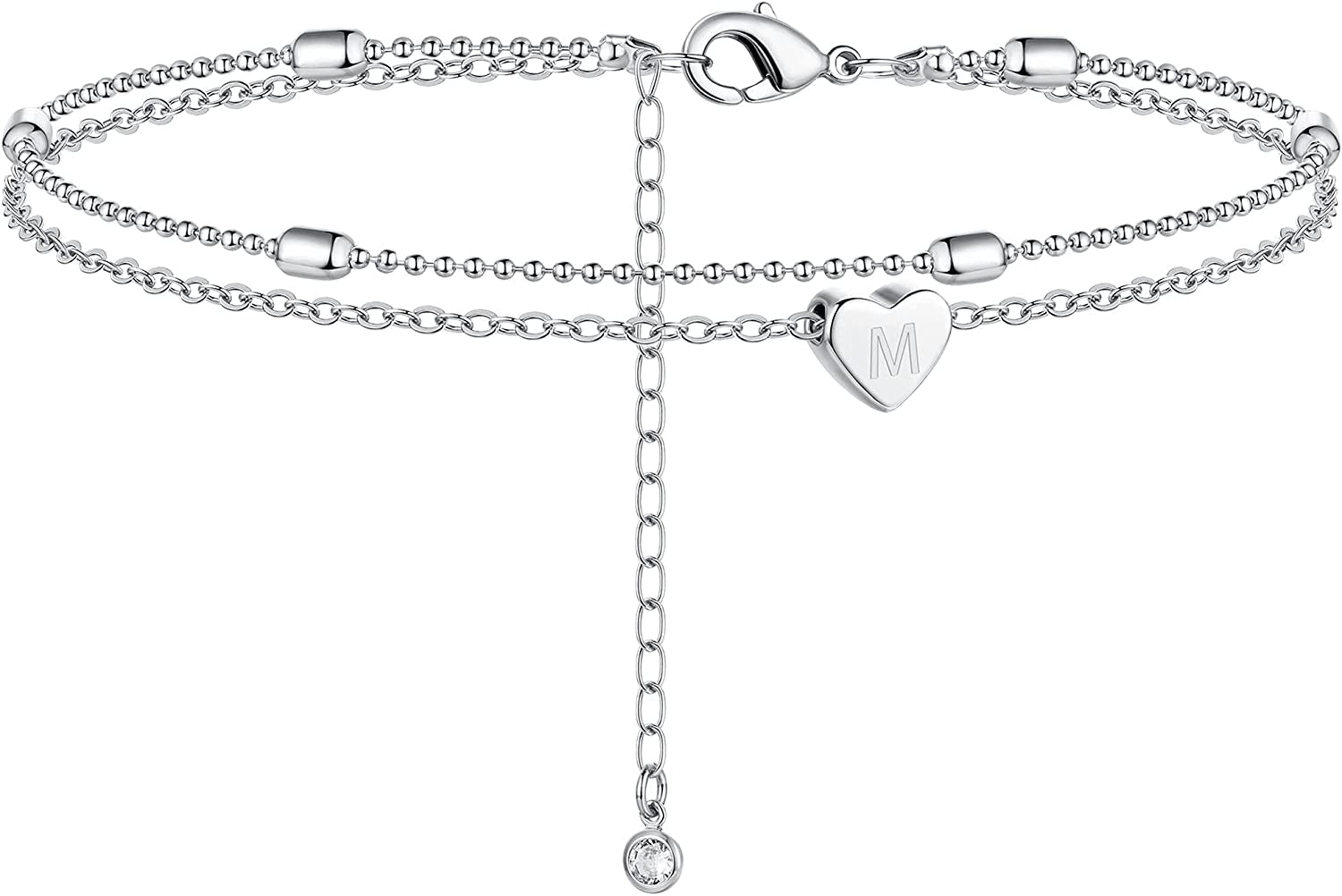 Moodear Silver Ankle Bracelets for Women, Sterling Silver Initial Anklet Layered Dainty Tiny Heart Charm Handmade Carved Alphabet A-Z Letter Ankle Bracelet Beaded Foot Chain Personalized Name Anklets Summer Cute Boho Beach Gift for Her Apparel & Accessories > Jewelry > Anklets Moodear Sterling Silver-M  