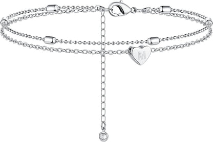 Moodear Silver Ankle Bracelets for Women, Sterling Silver Initial Anklet Layered Dainty Tiny Heart Charm Handmade Carved Alphabet A-Z Letter Ankle Bracelet Beaded Foot Chain Personalized Name Anklets Summer Cute Boho Beach Gift for Her Apparel & Accessories > Jewelry > Anklets Moodear Sterling Silver-M  
