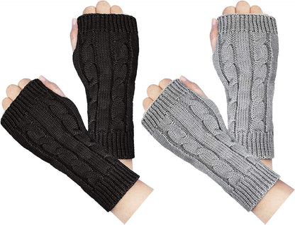 Loritta 2 Pairs Womens Fingerless Gloves Winter Warm Knit Crochet Thumbhole Arm Warmers Apparel & Accessories > Clothing Accessories > Gloves & Mittens Loritta B Black+light Gray(2 Pairs)  