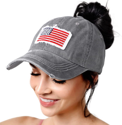 Lvaiz Womens Distressed Baseball Cap Mens Mesh Back Sport Hat Versatile Washed Dad Hat with Ponytail Hole Apparel & Accessories > Clothing Accessories > Hats Lvaiz Flag Grey One Size 
