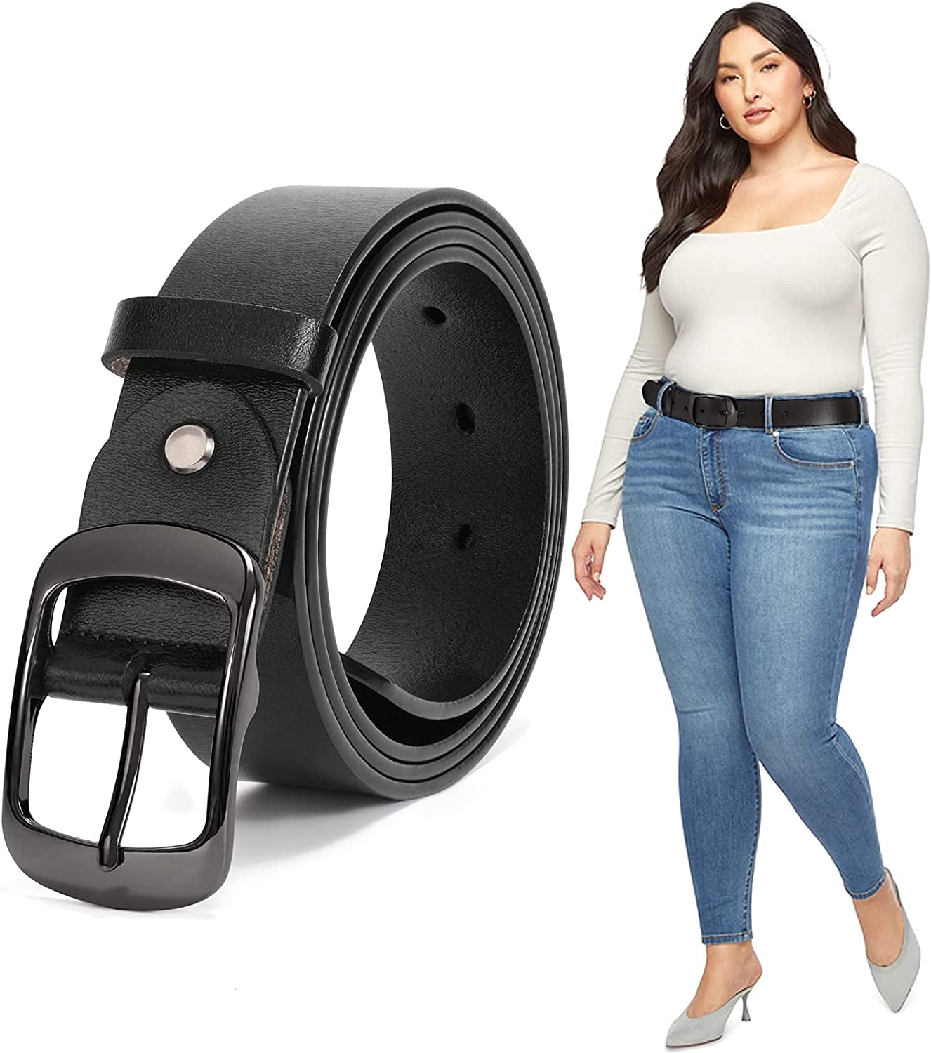 Plus Size Women Leather Belt JASGOOD Black Casual Waist Belt for Jeans Pants with Metal Pin Buckle Apparel & Accessories > Clothing Accessories > Belts KYLIE MAX C-gun Black Fit Waist Size 53''-57'' 