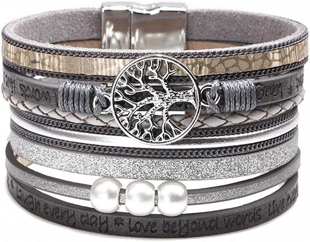 Fesciory Leopard Bracelet for Women Wrap Multi-Layer Leather Bracelet Magnetic Clasp Cuff Bangle Jewelry Apparel & Accessories > Jewelry > Bracelets Fesciory A8-Tree of Life(Grey)  
